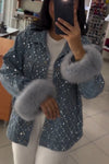 Women's Super Cool Rhinestone Fur Cuff Button Denim Jacket