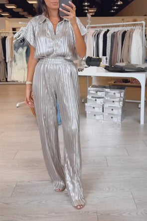 Women's Elegant Accordion Pleated Metallic Coated Button Shirt & Elegant Accordion Pleated Metallic Coated Stretch Pants