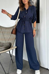 Women's solid color drawstring shirt and trousers set