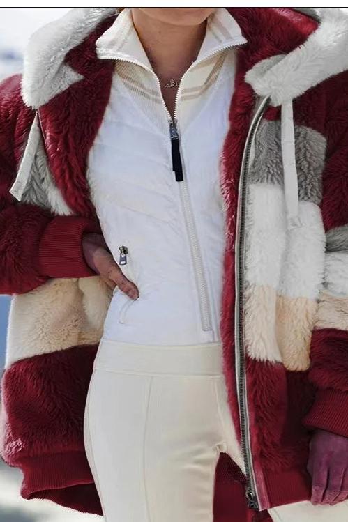 Women's Casual Warm Fur Contrast Hooded Jacket