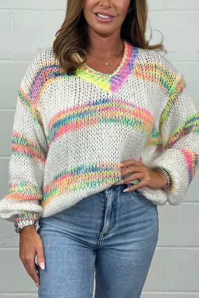 Women's V-Neck Multicoloured Stripe Knit Jumper