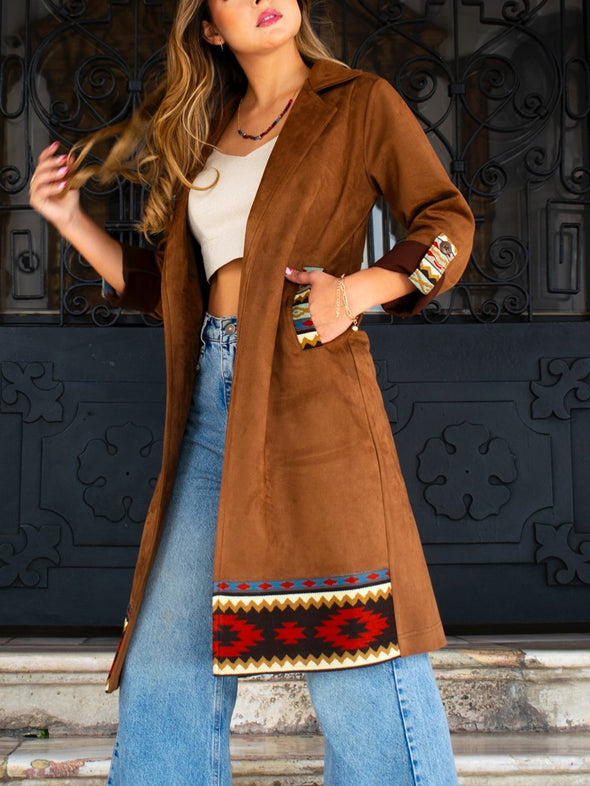 Women's Ethnic Print Patchwork Suede Coat