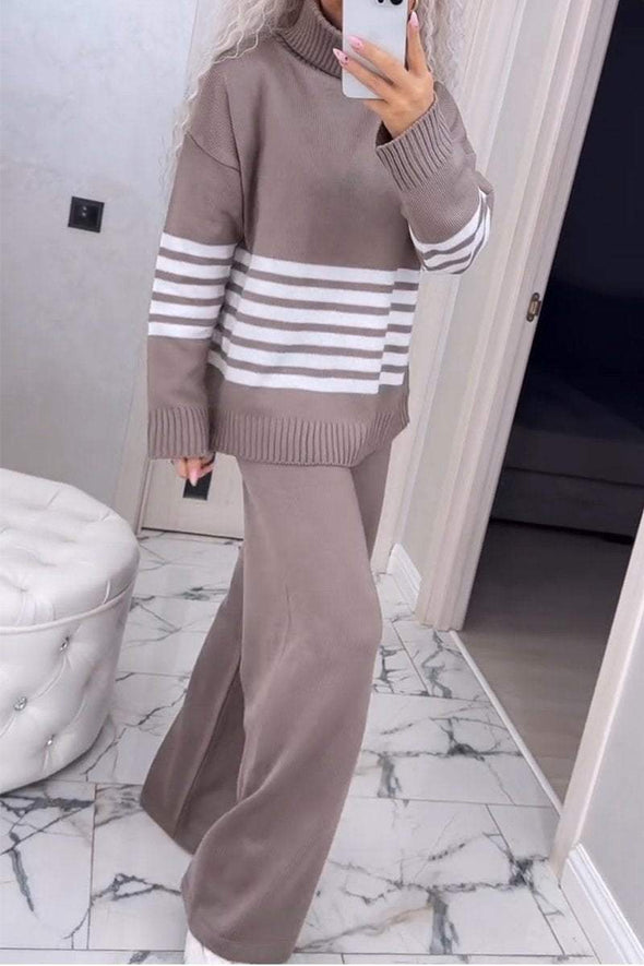 Women's Casual Knit Stripe Long Sleeve Two-Piece Set