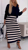 Women's V-neck Knitted Striped Casual Dress Suit