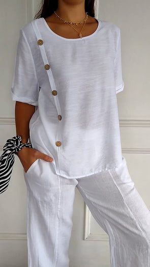 Button Round Neck Cotton and Linen Two-piece Set