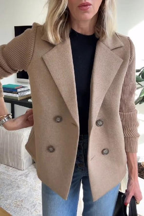 Women's Lapel Button Knitted Patchwork Sleeve Casual Coat