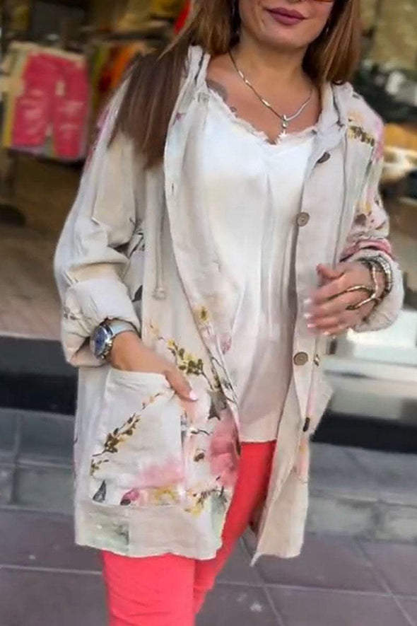 Women's Casual Floral Print Cotton and Linen Shirt