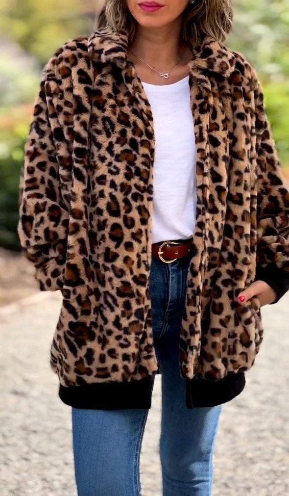 Women's Lapel Zipper Leopard Print Jacket