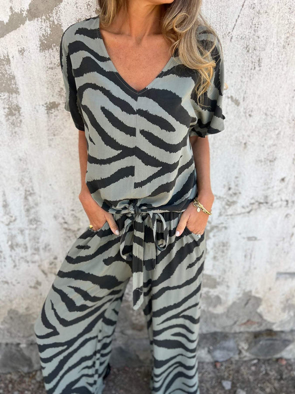 Women's V-neck Zebra Pattern Comfortable Casual Suit