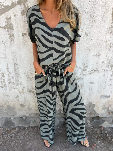 Women's V-neck Zebra Pattern Comfortable Casual Suit