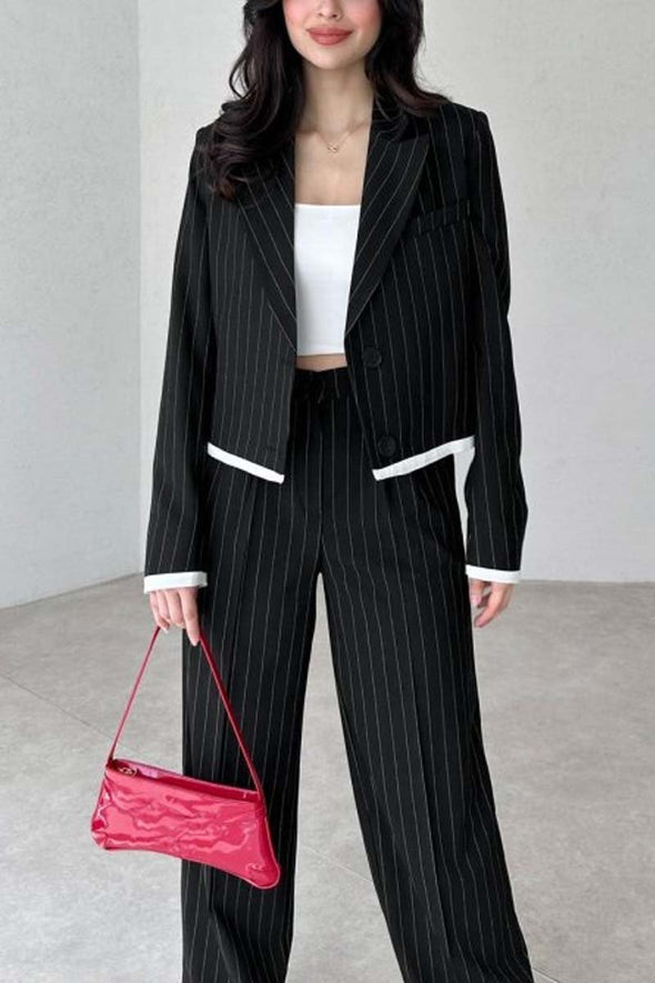 Women's Striped Contrast Blazer and Pants Set