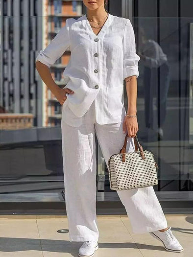 Women Cotton and Linen Plain Shirt and Pants Two-pieces Set