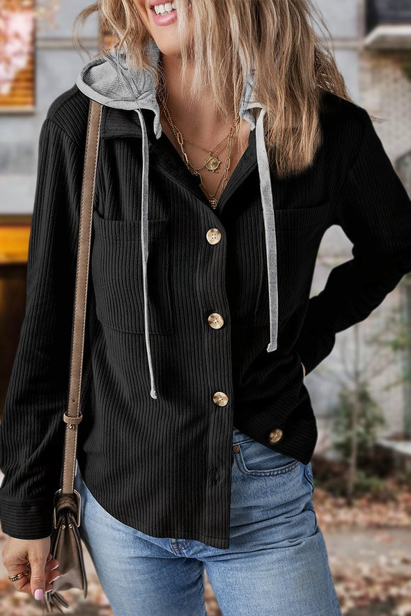 Women's Lapel Button Cardigan Pocket Hood Drawstring Striped Jacket