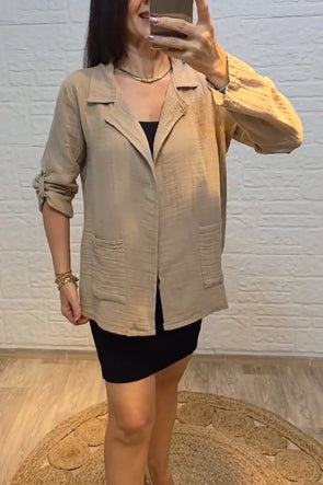 Women's casual cotton and linen pocket button blazer