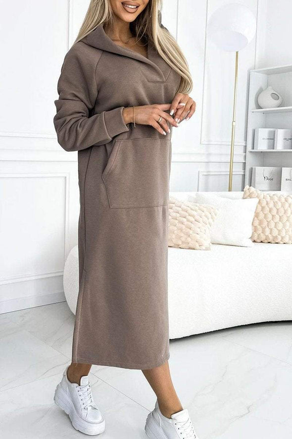 Women's Autumn and Winter Solid Color Casual All-match Long Dress with Hood