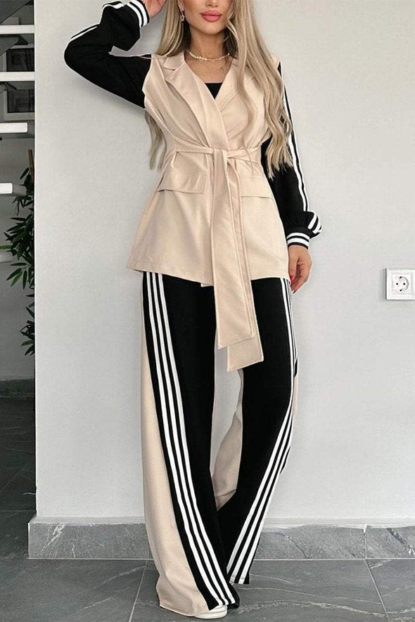 Women's Casual Contrast Color Splicing Web Pants Suit