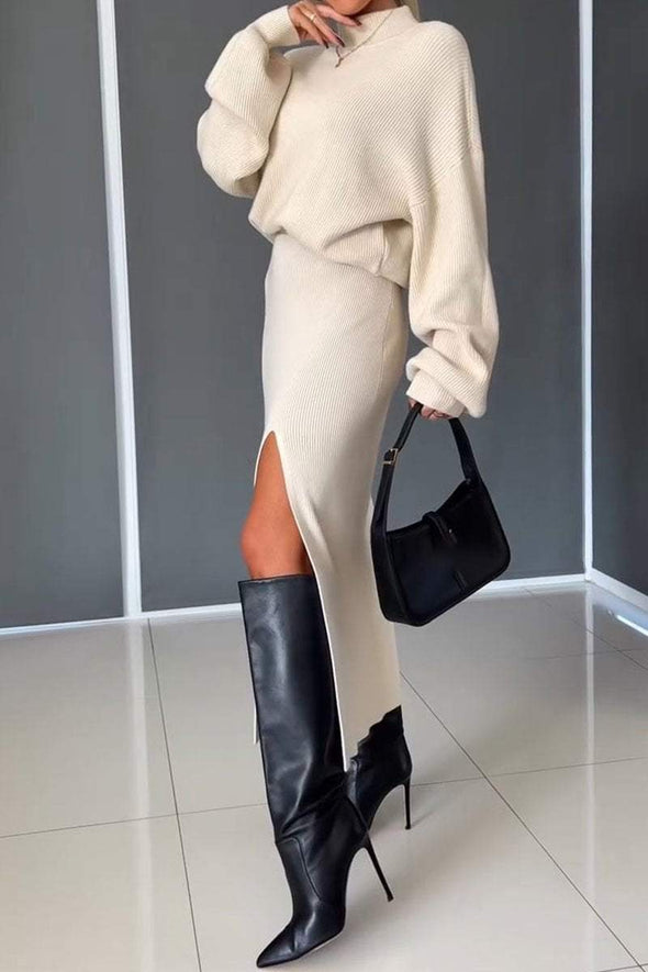 Women's High Collar Long Sleeve Sweater Skirt Two Piece Suit