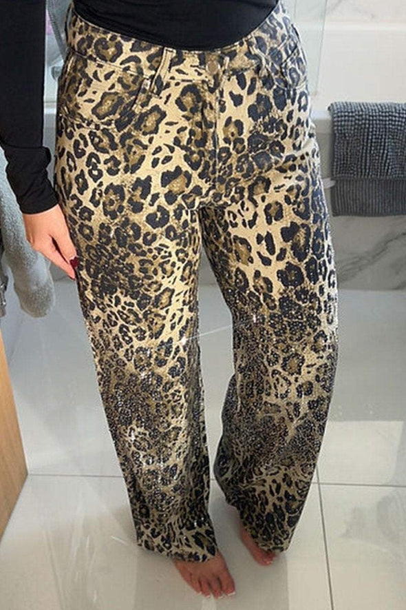 Women's Hot Diamond Shiny Leopard Print Casual Jeans