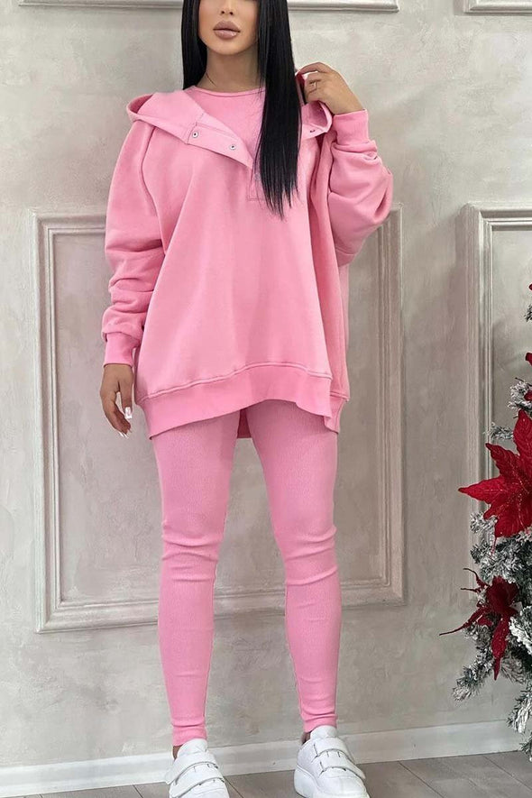 Women's casual sports solid color hooded three-piece set