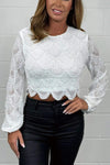 Women's Sequin & Pearl Cropped Scalloped Long Sleeve Mesh Top