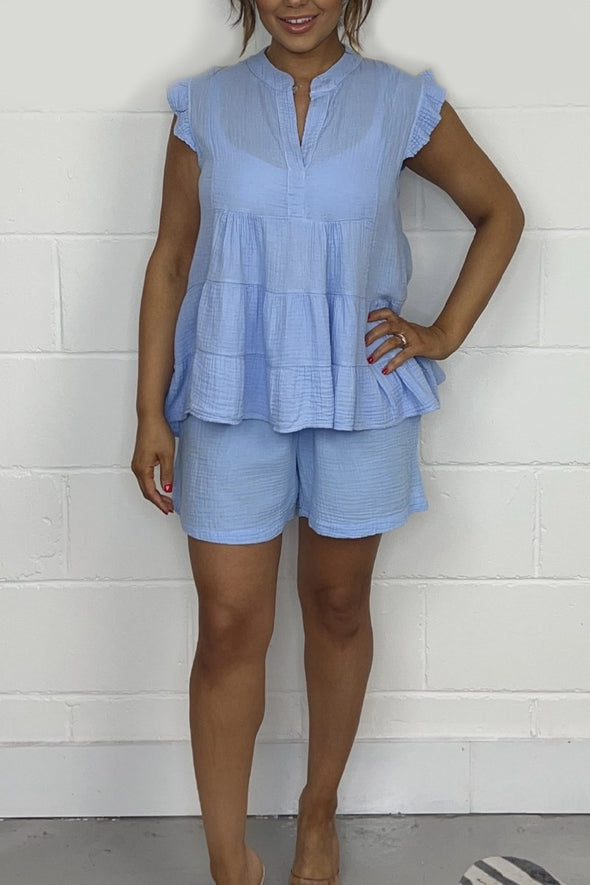 Women's Cheesecloth Ruffle Shorts And Top Set