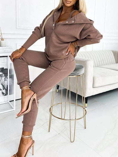 Women's Half-button Hooded Long-sleeved Casual Sports Suit