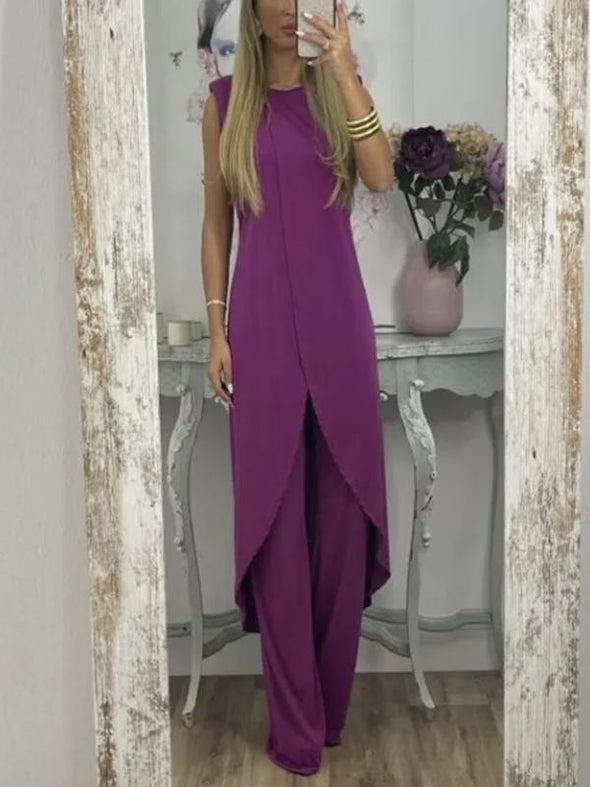 Casual slit top and trousers two-piece set