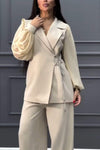 Women's Casual Lapel Chiffon Puff Sleeve Stitching Two-piece Suit