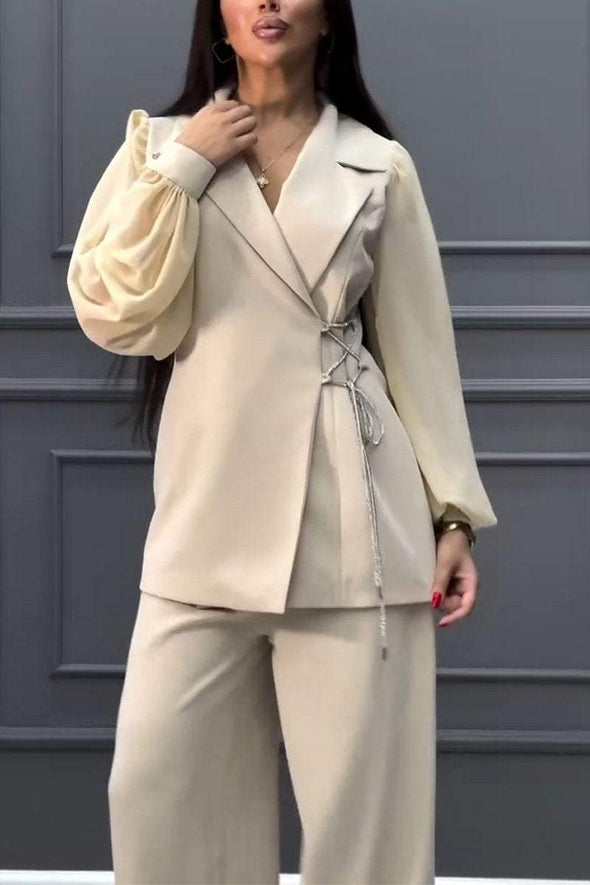 Women's Casual Lapel Chiffon Puff Sleeve Stitching Two-piece Suit