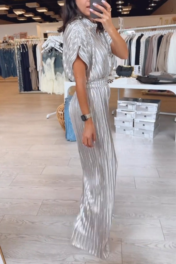 Women's Elegant Accordion Pleated Metallic Coated Button Shirt & Elegant Accordion Pleated Metallic Coated Stretch Pants