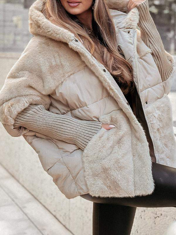 Women's Hooded Long-sleeved Fur Patchwork Winter Casual Coat