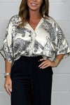 Women's Satin Cream Leopard Detail Button Up Cropped Top