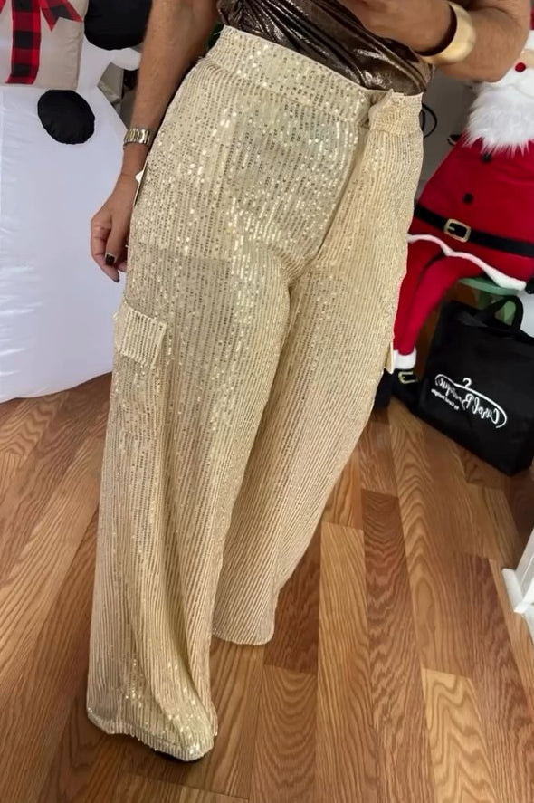 Women's Casual Fashion Sequin Shiny Wide Leg Pants