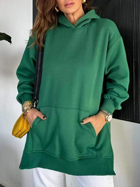 Women's Solid Color Hooded Casual Sweatshirt with Side Zipper