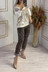 Women's Casual V-neck Leopard Print Gold-stamped Top and Elastic Leopard Print Slim Pants Two-piece Set