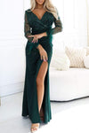 Women's V-neck Sexy Slit Slim Fit Sequined Feather Stitching Maxi Dress