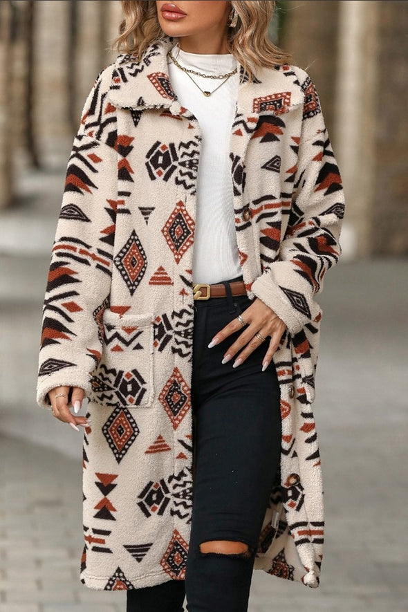 Women's Single-breasted Ethnic Style Printed Plush Long Coat