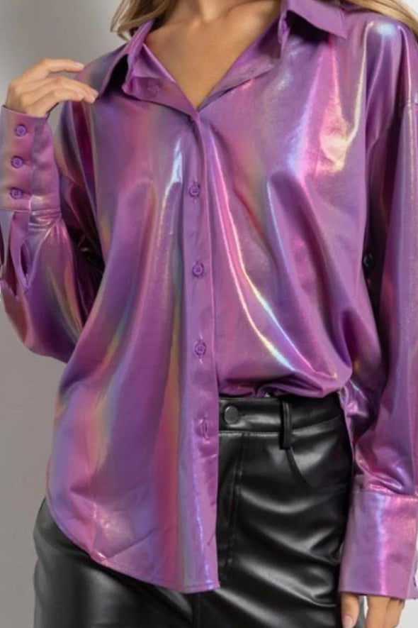 Women's Fashion Metallic Shiny Coated Shirt