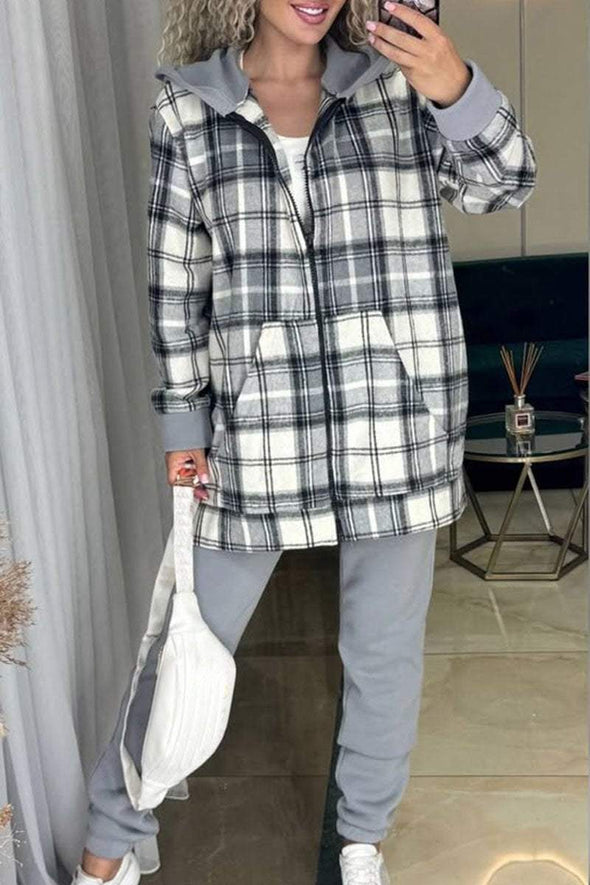 Women's Casual Plaid Print Long-sleeved Sweatshirt Two-piece Set