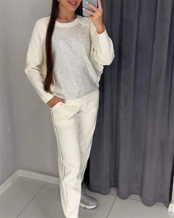 Women's Round Neck Long Sleeve Hot Diamond Casual Suit