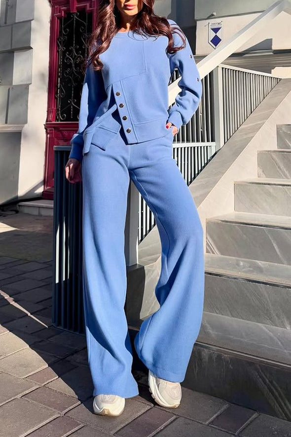 Women's Casual Solid Color Hem Slit Button Design Two-piece Suit