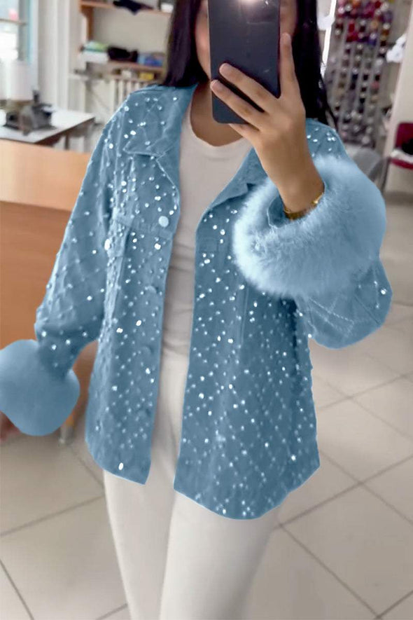 Women's Super Cool Rhinestone Fur Cuff Button Denim Jacket