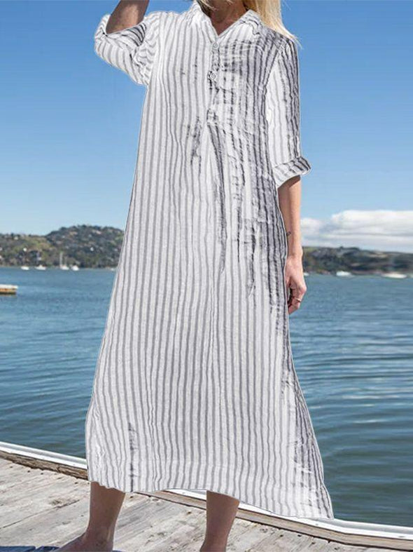 Women's Striped Cotton Linen Polo Collar Long-sleeved Shirt Dress