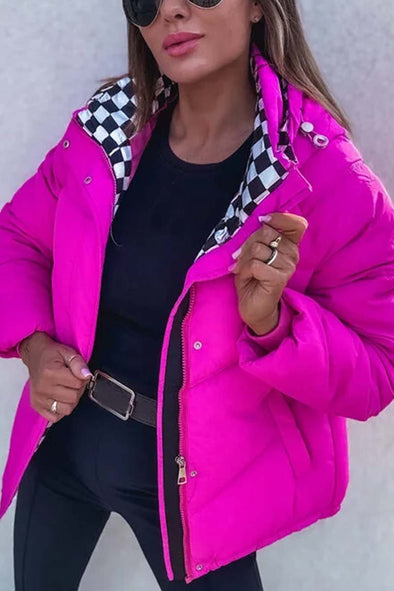 Women's patchwork checkerboard hooded jacket