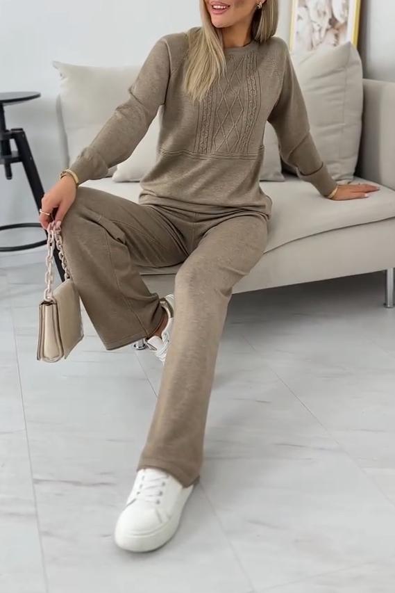 Women's Casual Solid Color Round Neck Suit Knitted Two-piece Suit