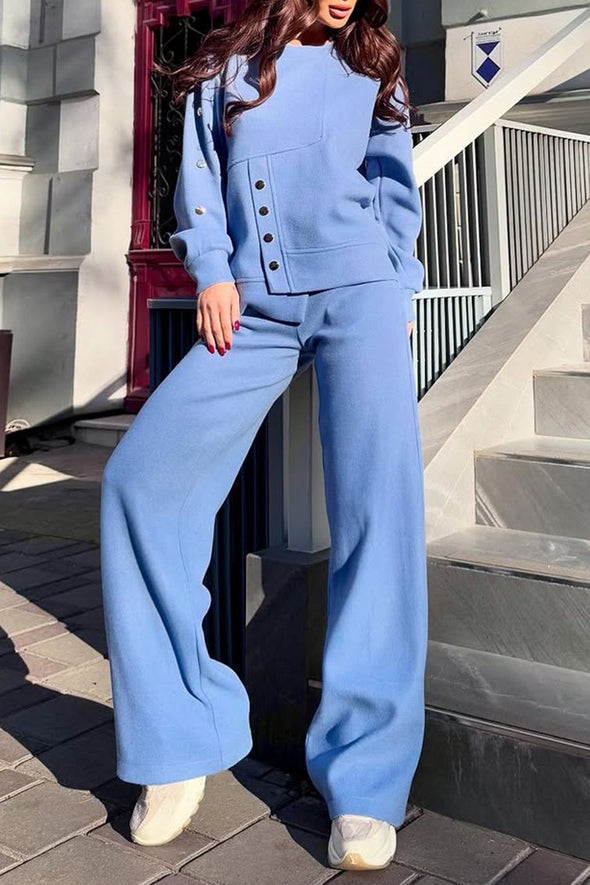 Women's Casual Solid Color Hem Slit Button Design Two-piece Suit