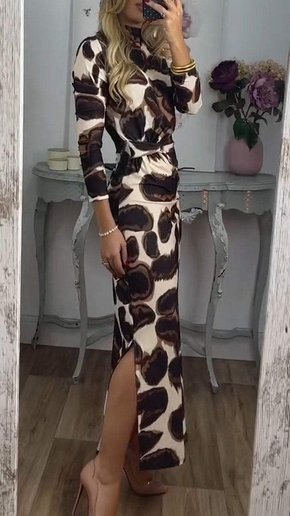 Women's Round Neck Slim Fit Slit Print Temperament Dress