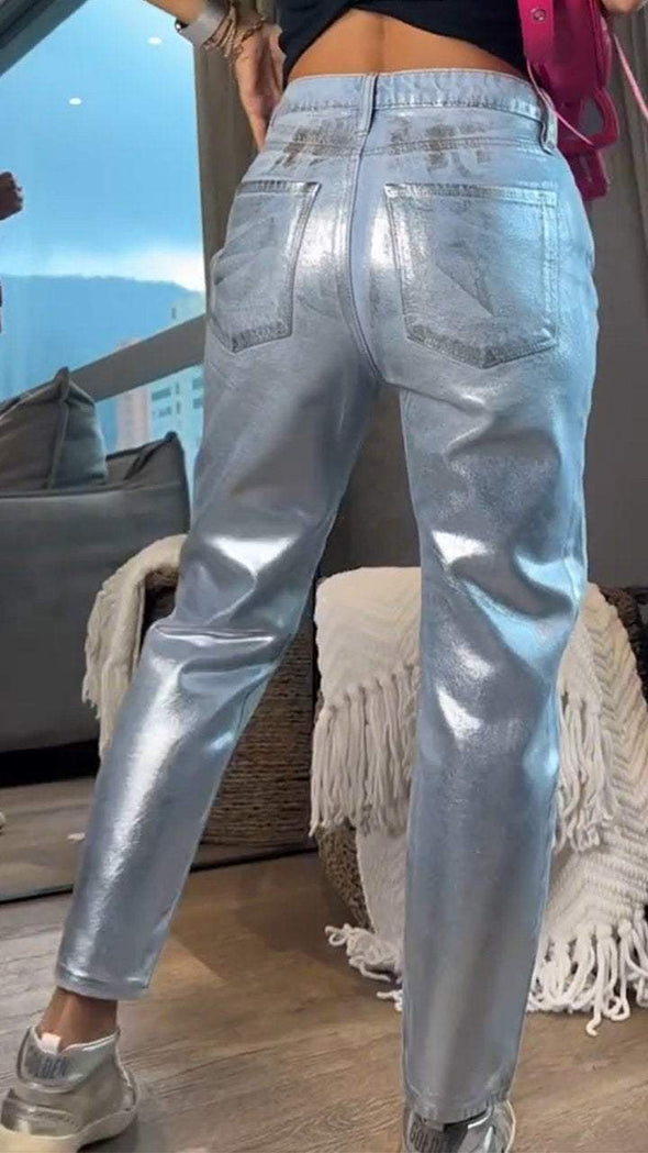 Women's Silver-stamped Casual Wide Straight Jeans