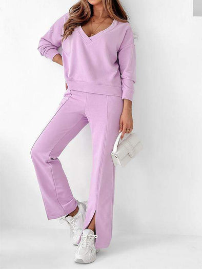 Casual V-neck Long-sleeved Top and Pants Suit