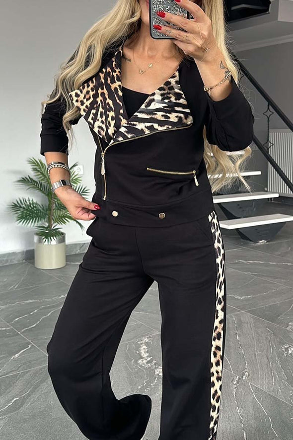 Women's casual leopard print patchwork suit